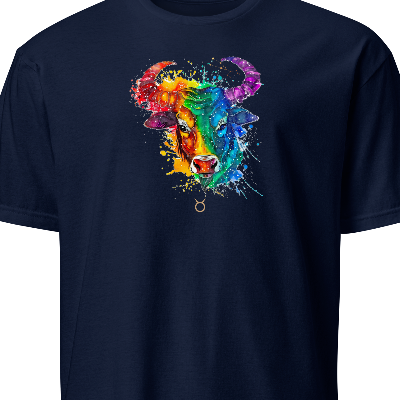 Navy blue t-shirt with a colorful cow head design 