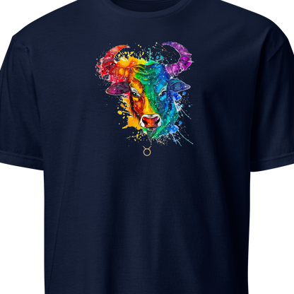 Navy blue t-shirt with a colorful cow head design 