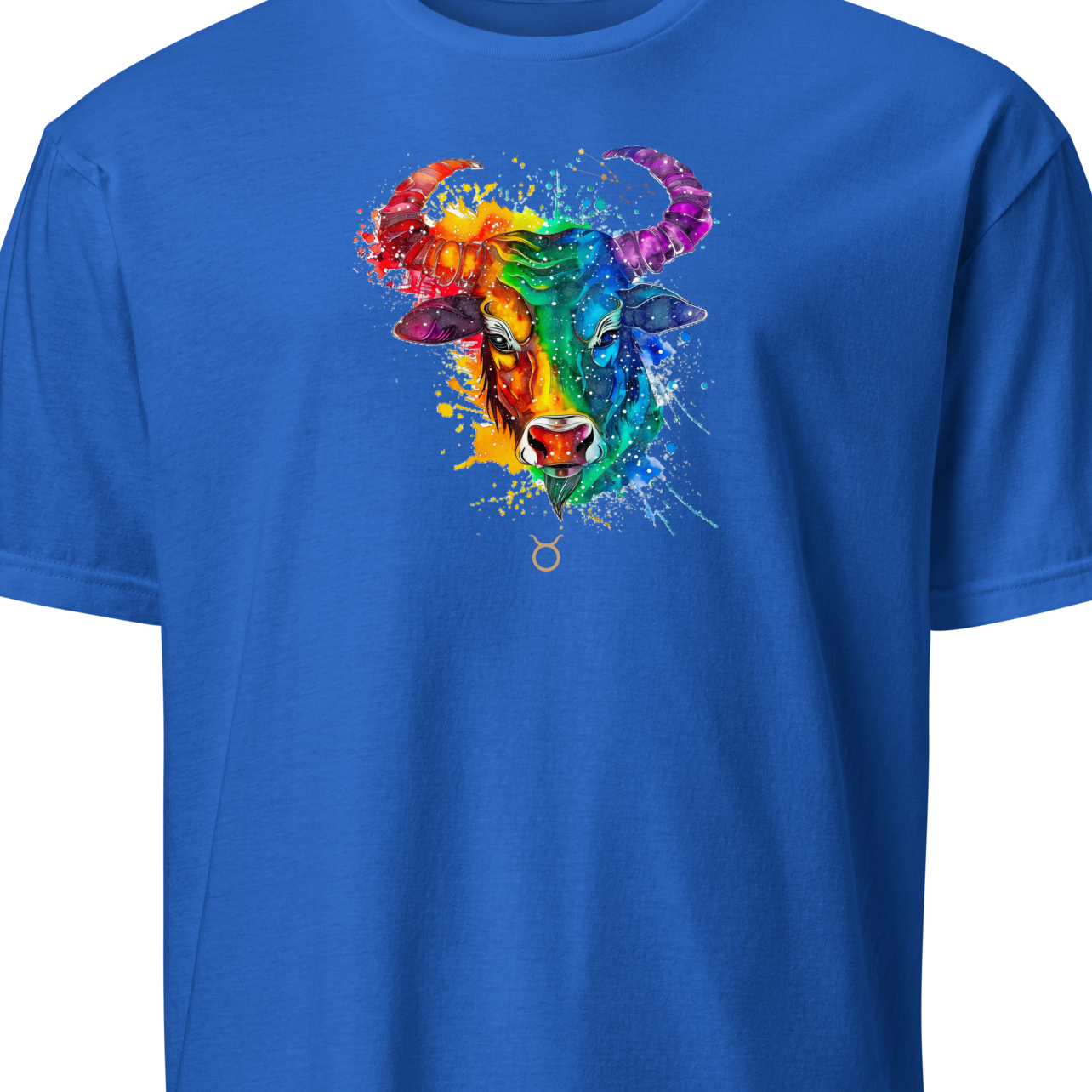 Blue t-shirt with a colorful cow graphic 
