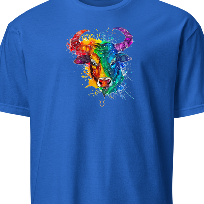 Blue t-shirt with a colorful cow graphic 
