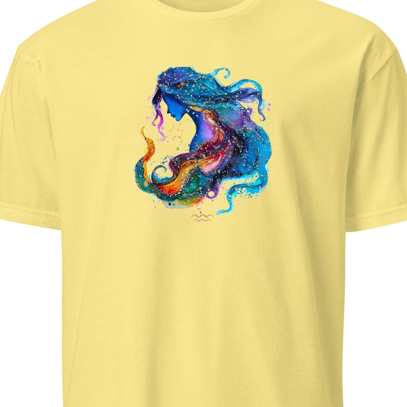 Yellow t-shirt with a colorful mermaid design on a white background