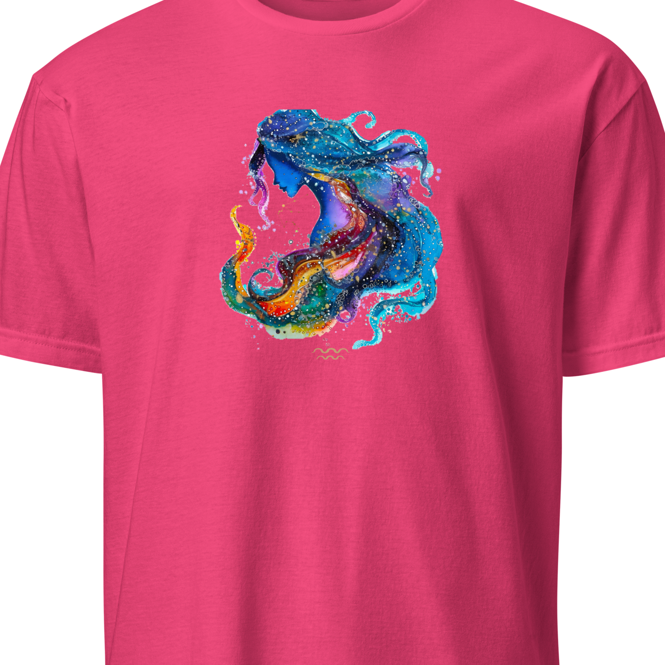 Pink t-shirt with a colorful mermaid design on a white background