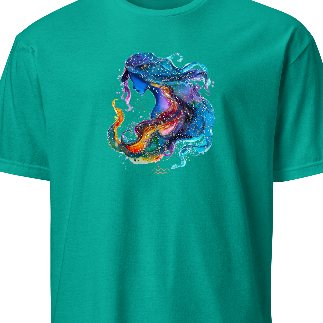 Teal t-shirt with a colorful dragon design on a white background