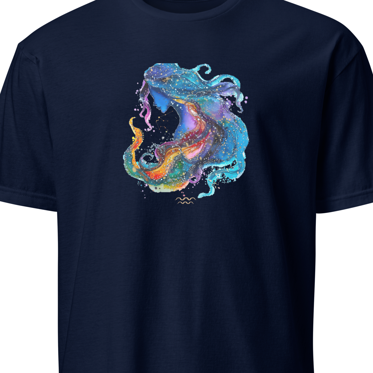 Navy blue t-shirt with a colorful dragon design on a white background