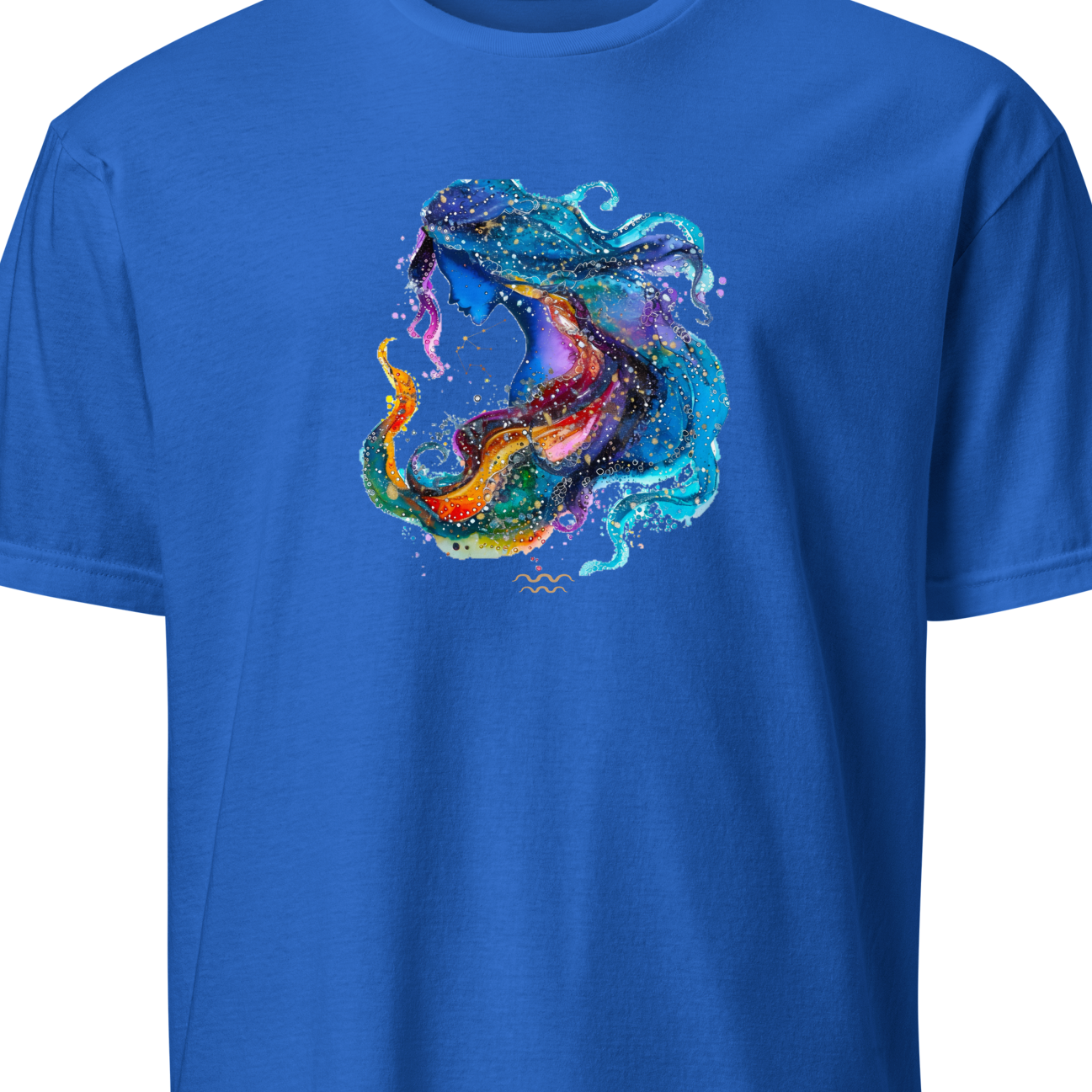 Blue t-shirt with a colorful dragon design on a white background