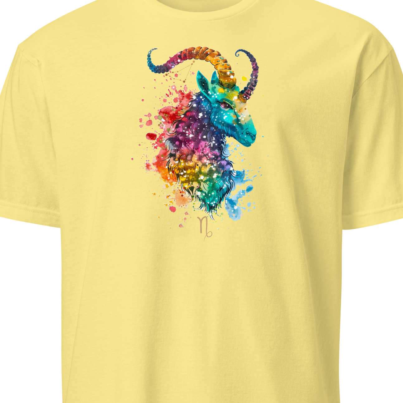 Yellow t-shirt with a colorful dragon design on a white background