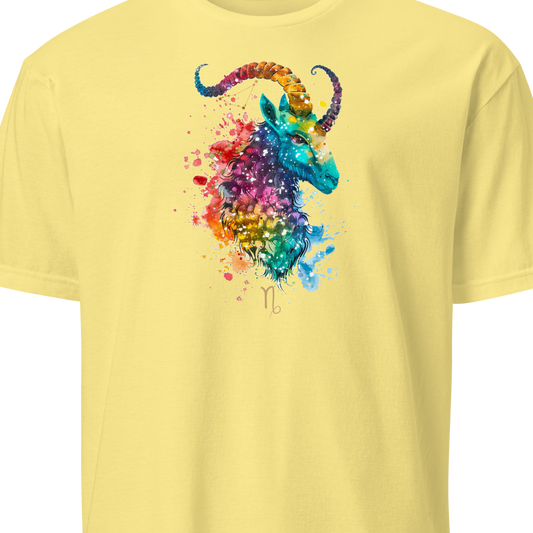 Yellow t-shirt with a colorful dragon design on a white background