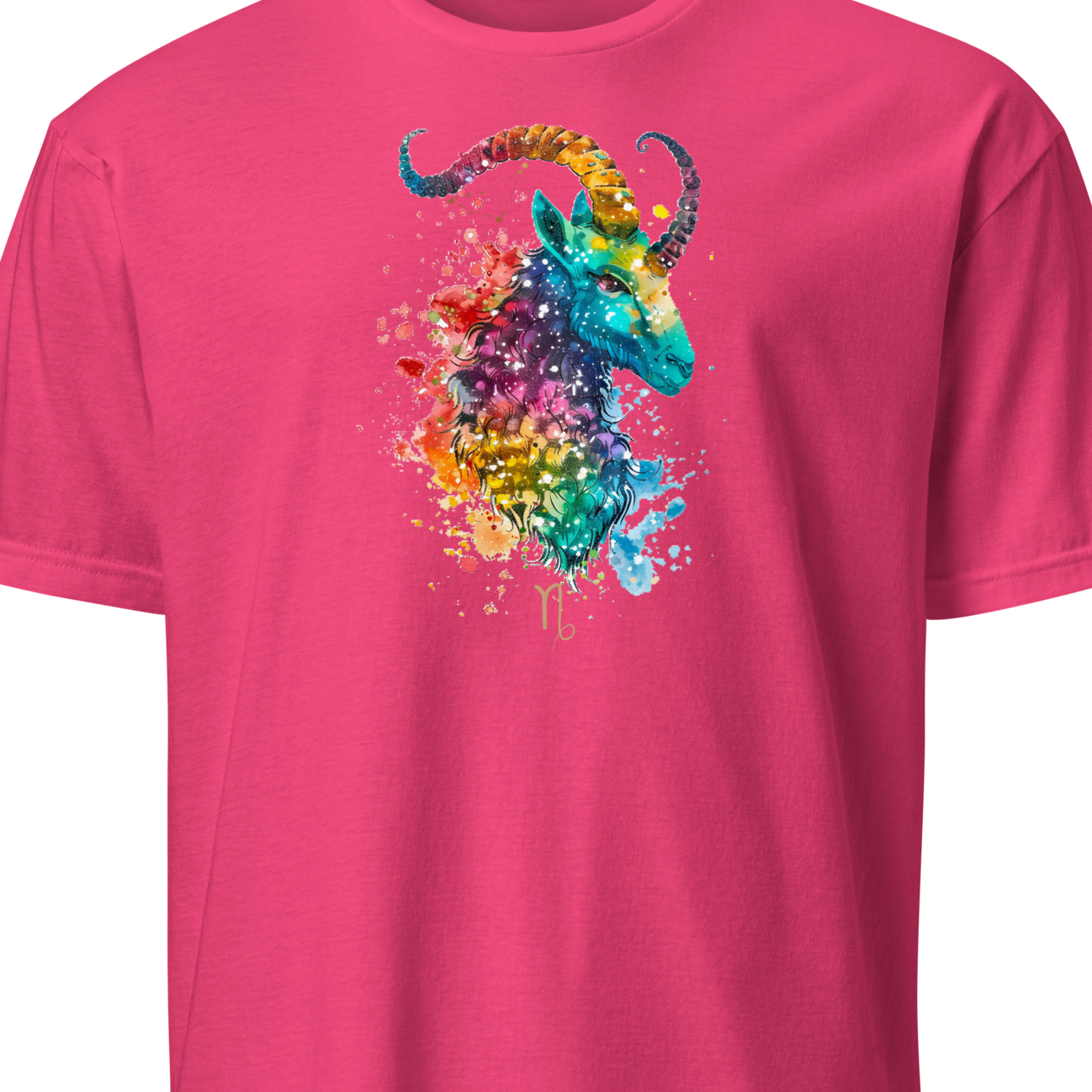 Pink t-shirt with a colorful unicorn design on a white background