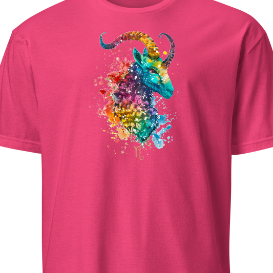 Pink t-shirt with a colorful unicorn design on a white background