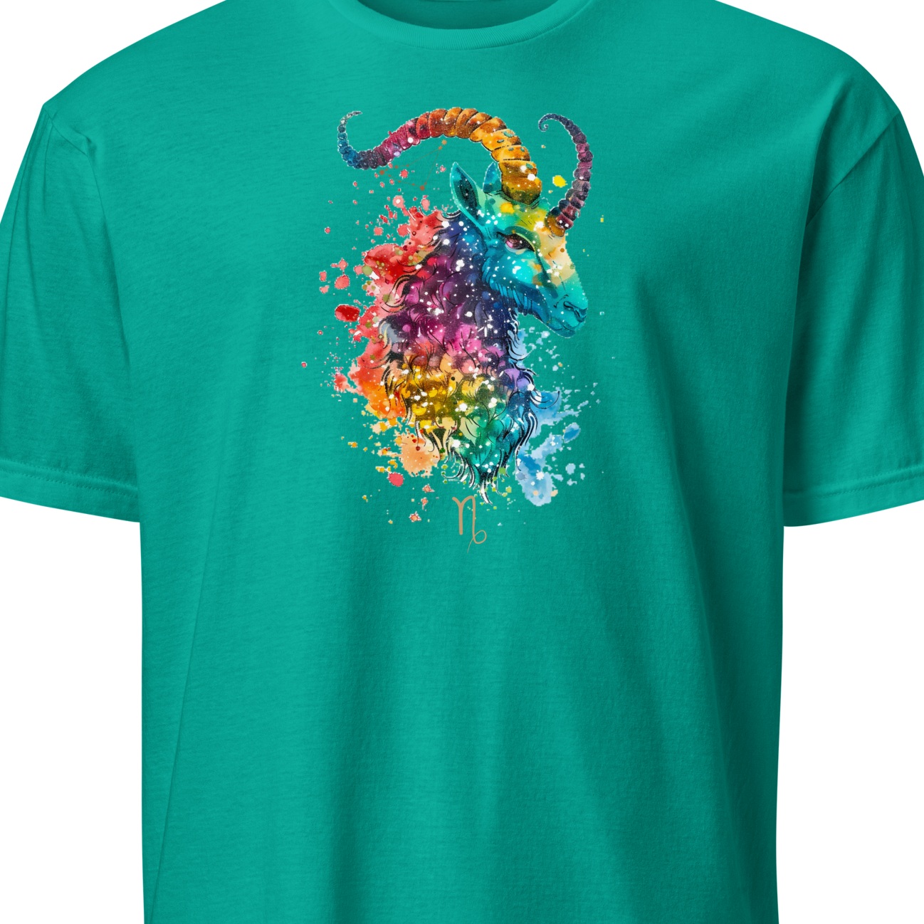Teal t-shirt with a colorful abstract design on a white background