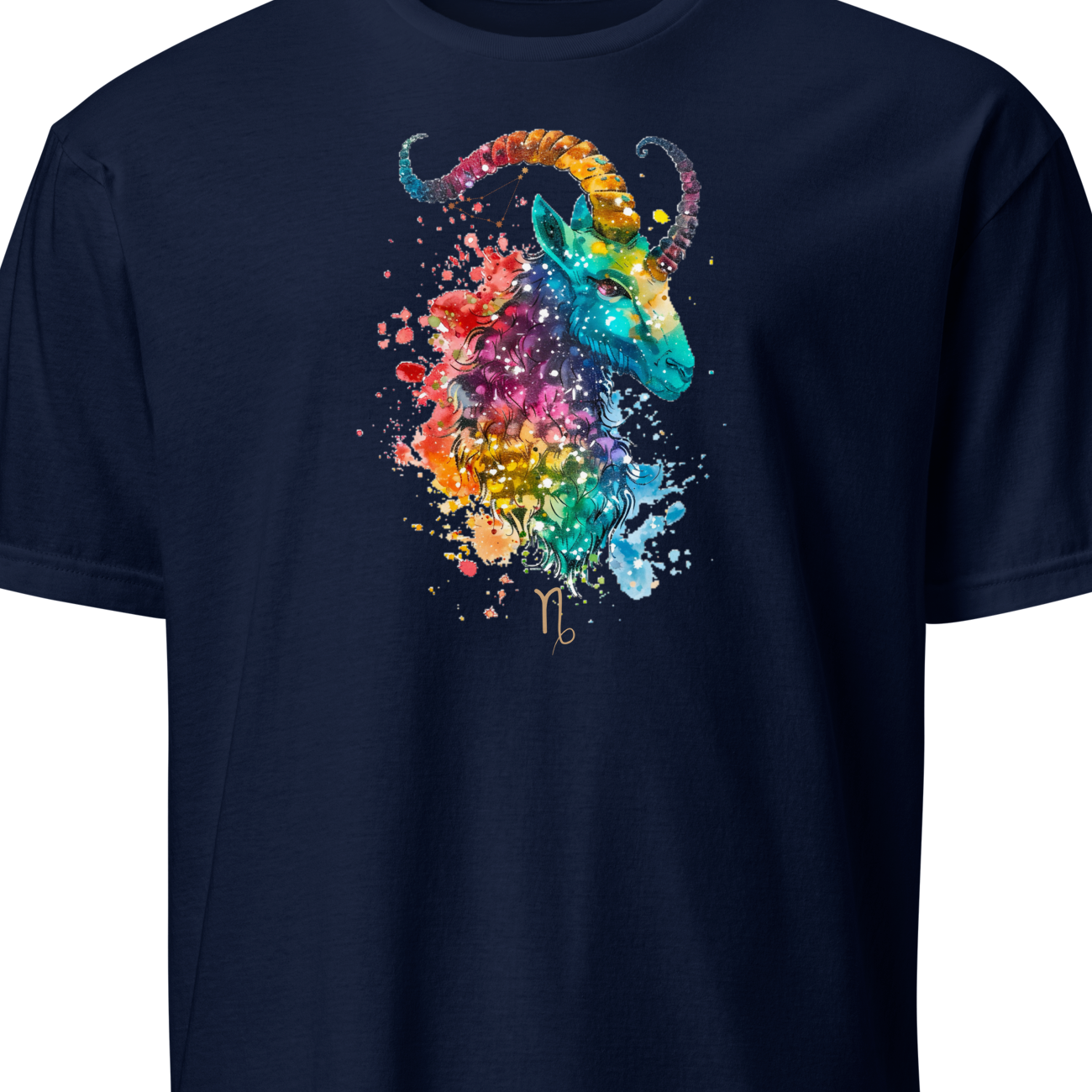 Navy blue t-shirt with a colorful unicorn design on a white background