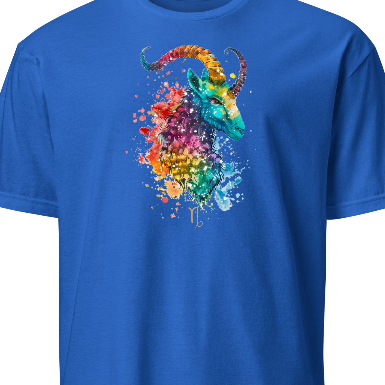 Blue t-shirt with a colorful dragon design on a white background