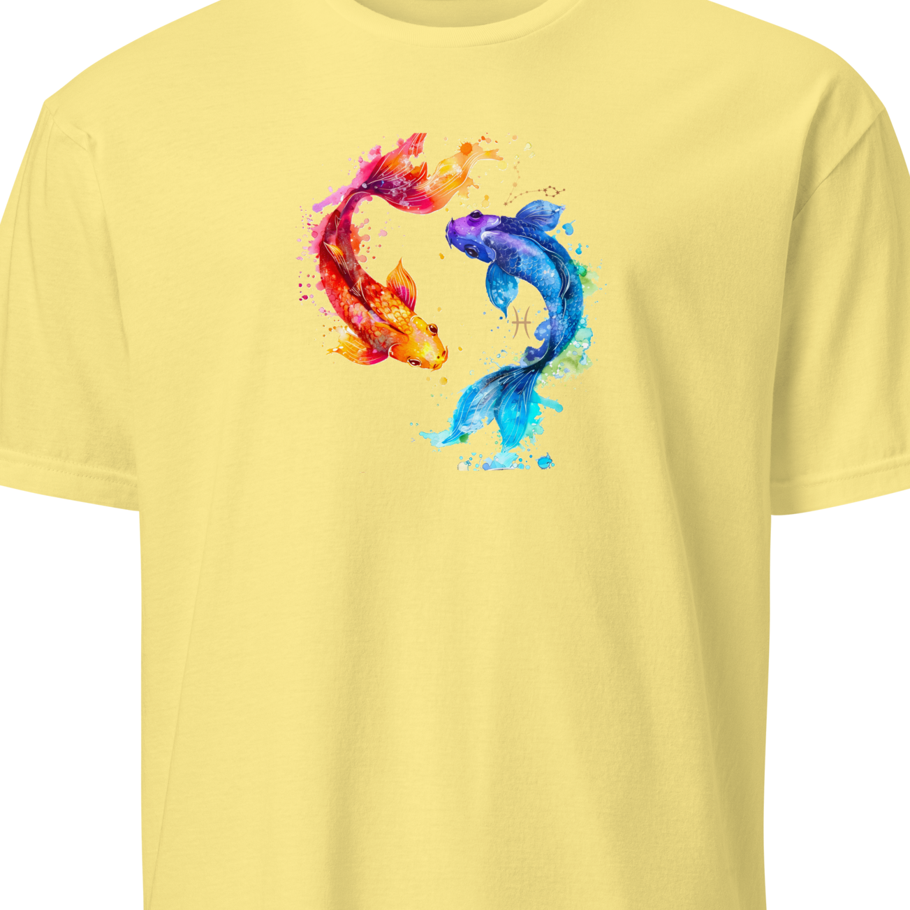 Yellow t-shirt with a colorful fish design on a white background