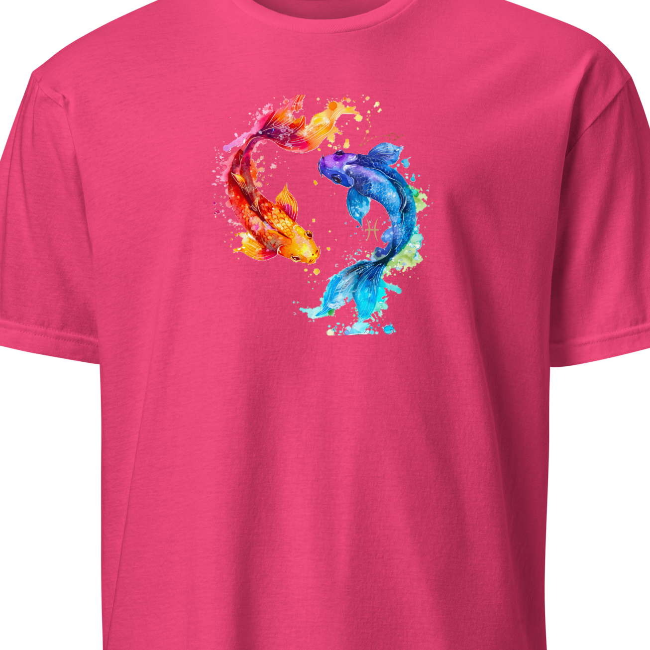 Pink t-shirt with colorful fish design on a white background
