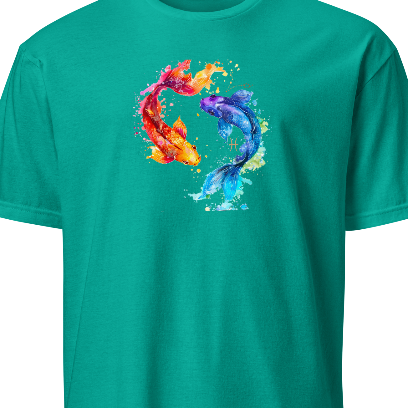 Teal t-shirt with colorful fish design on a white background