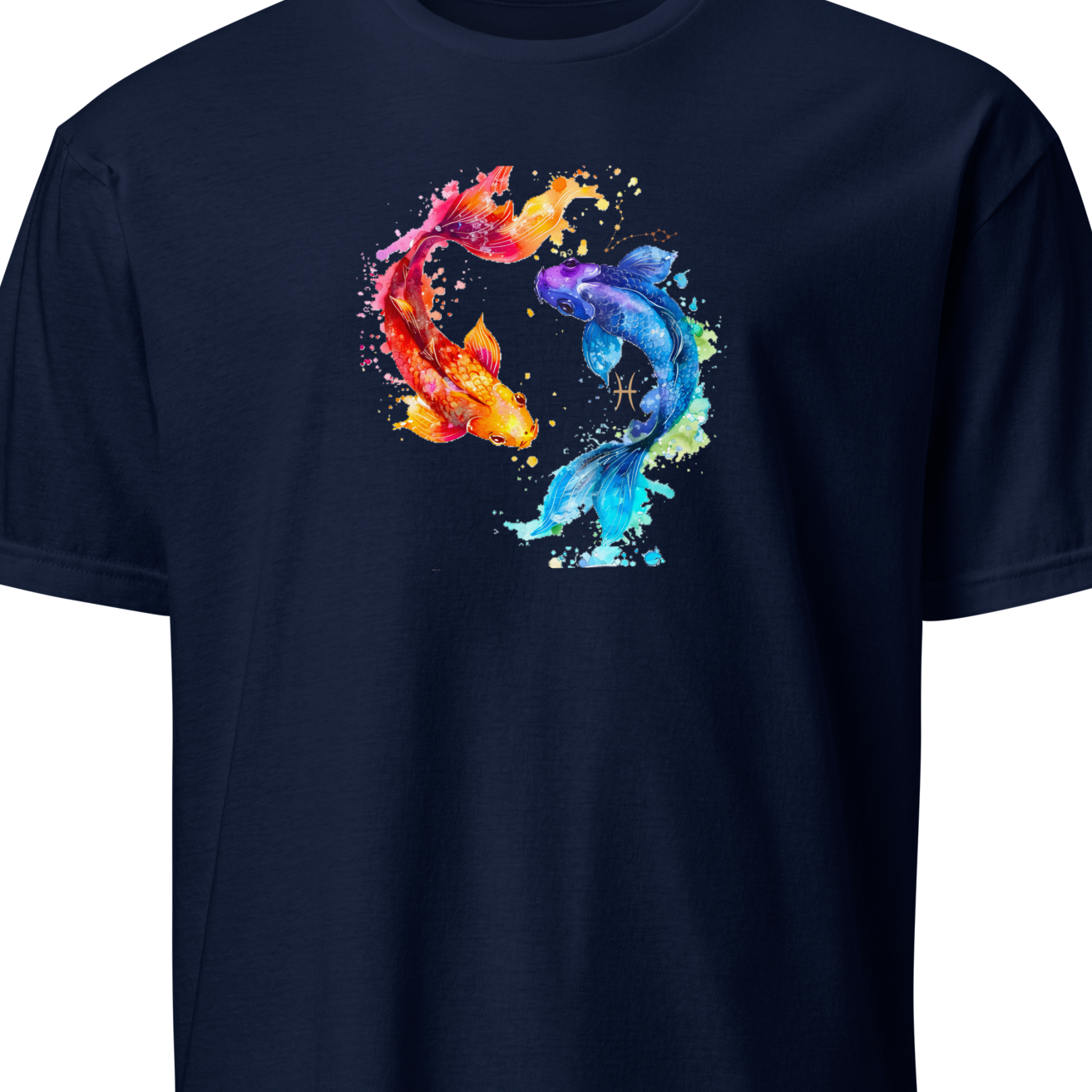 Navy blue t-shirt with a colorful dragon design on a white background