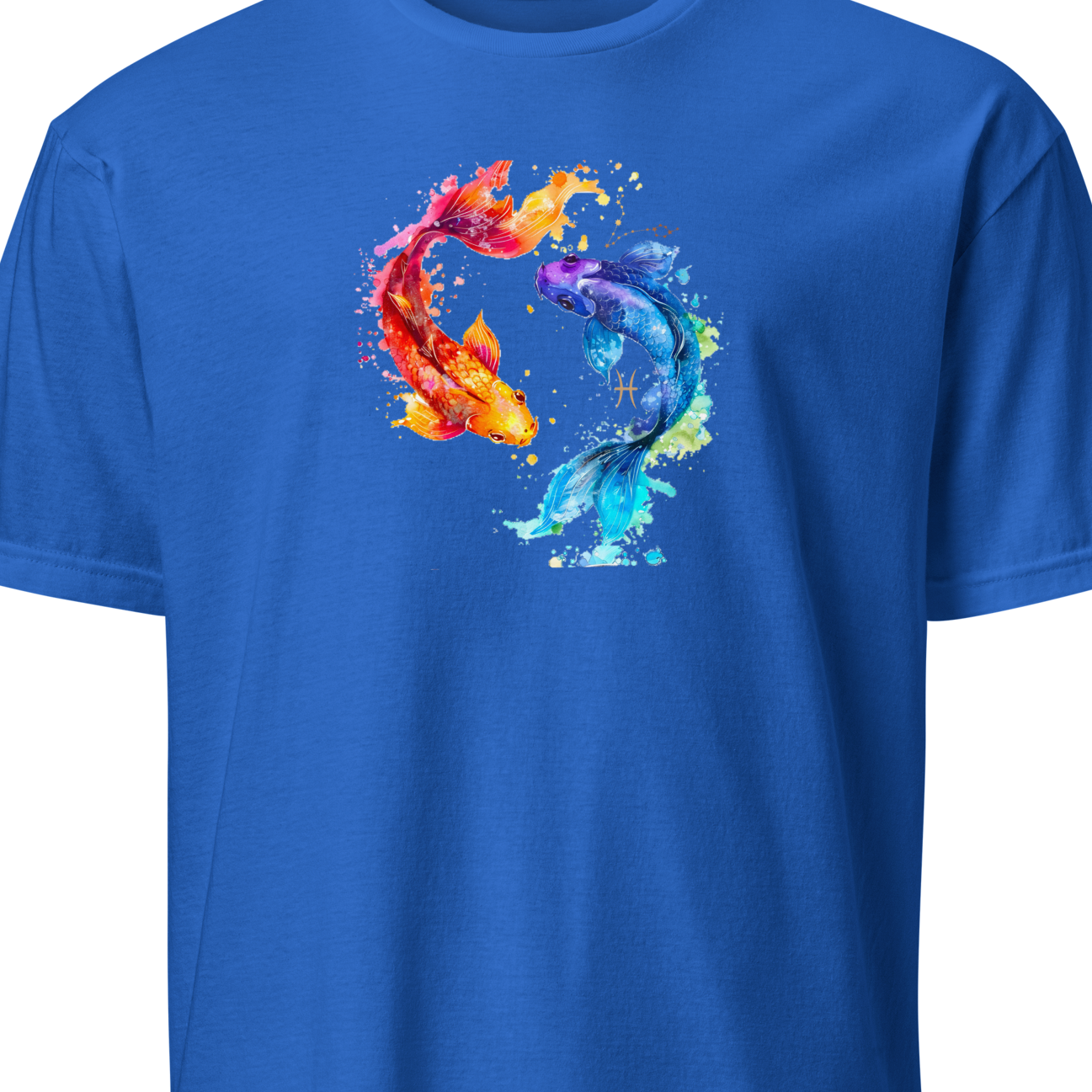 Blue t-shirt with colorful fish design on a white background
