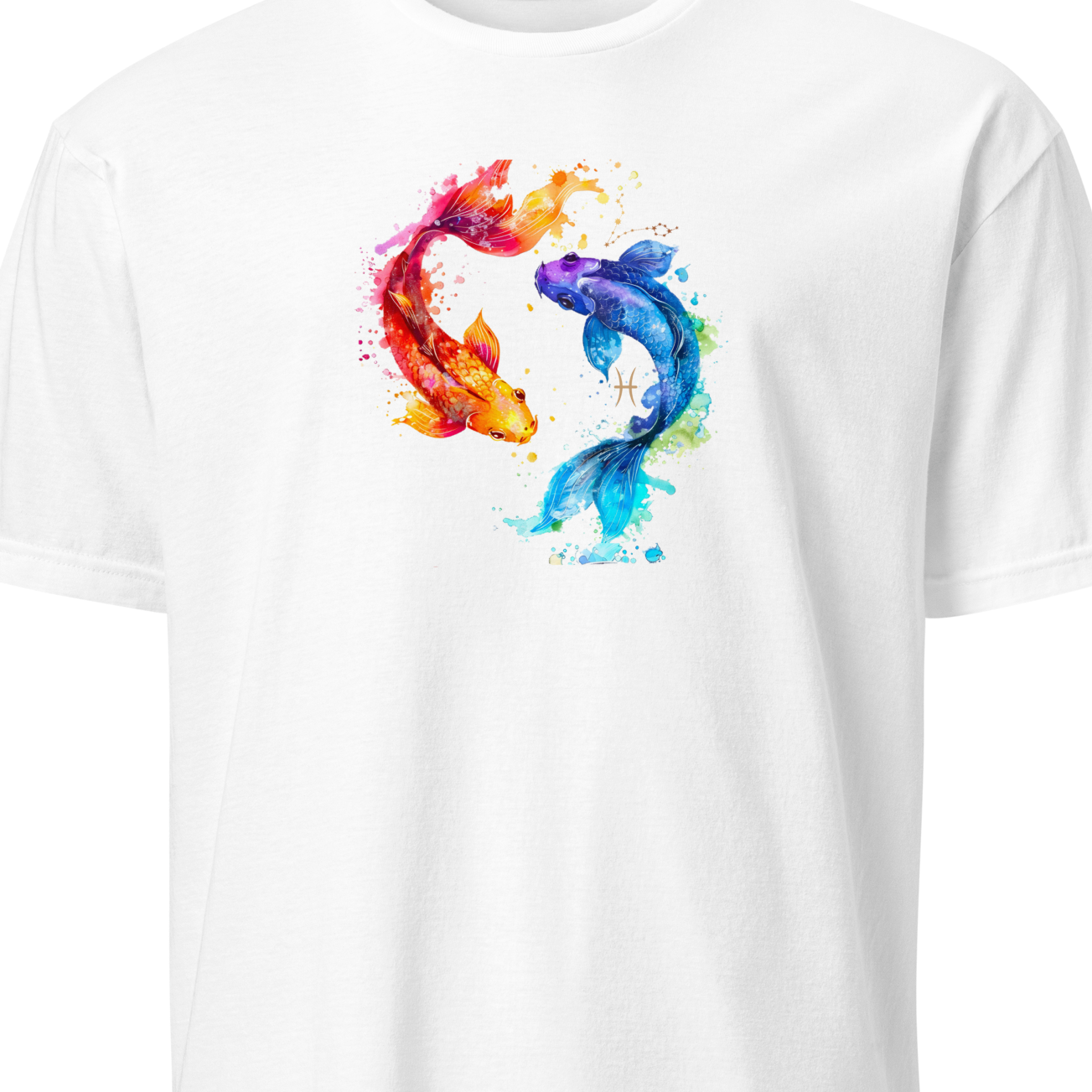 White t-shirt with a colorful graphic design on a white background