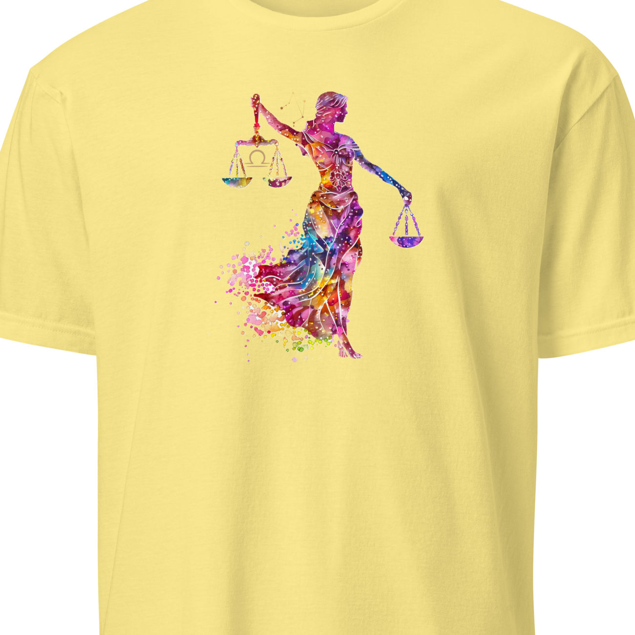 Yellow t-shirt with a colorful Libra zodiac sign design on a white background