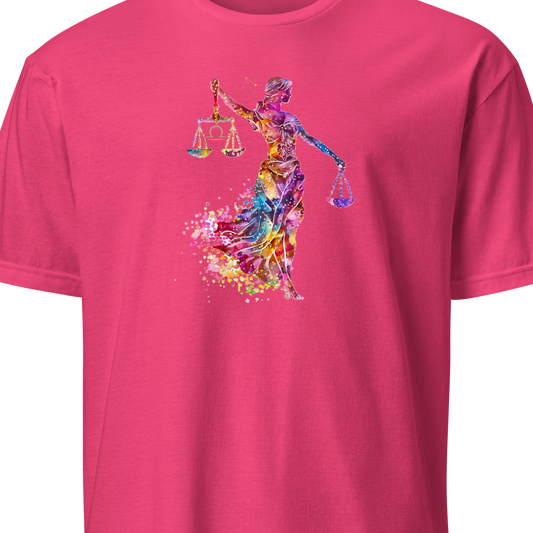 Pink t-shirt with a colorful graphic design on a white background