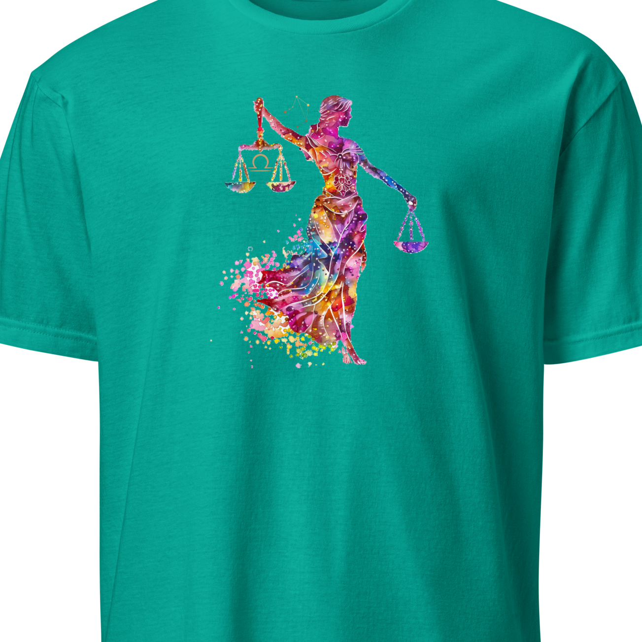 Teal t-shirt with a colorful graphic design on a white background