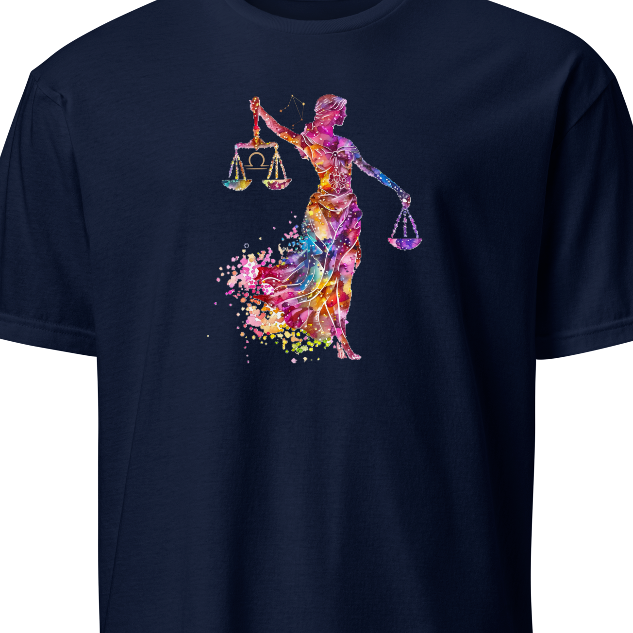 Navy blue t-shirt with a colorful graphic of Lady Justice on a white background