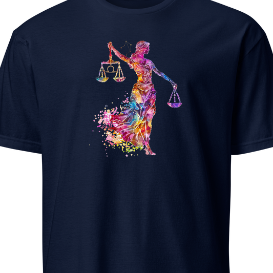 Navy blue t-shirt with a colorful graphic of Lady Justice on a white background