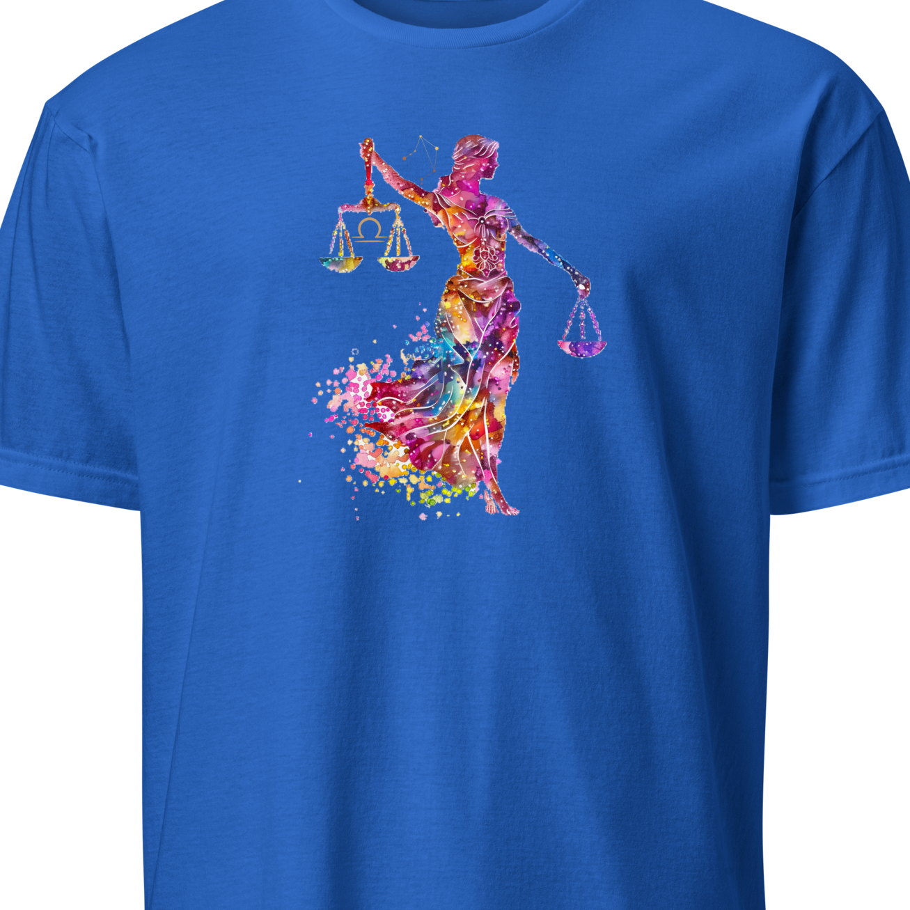 Blue t-shirt with a colorful graphic design on a white background