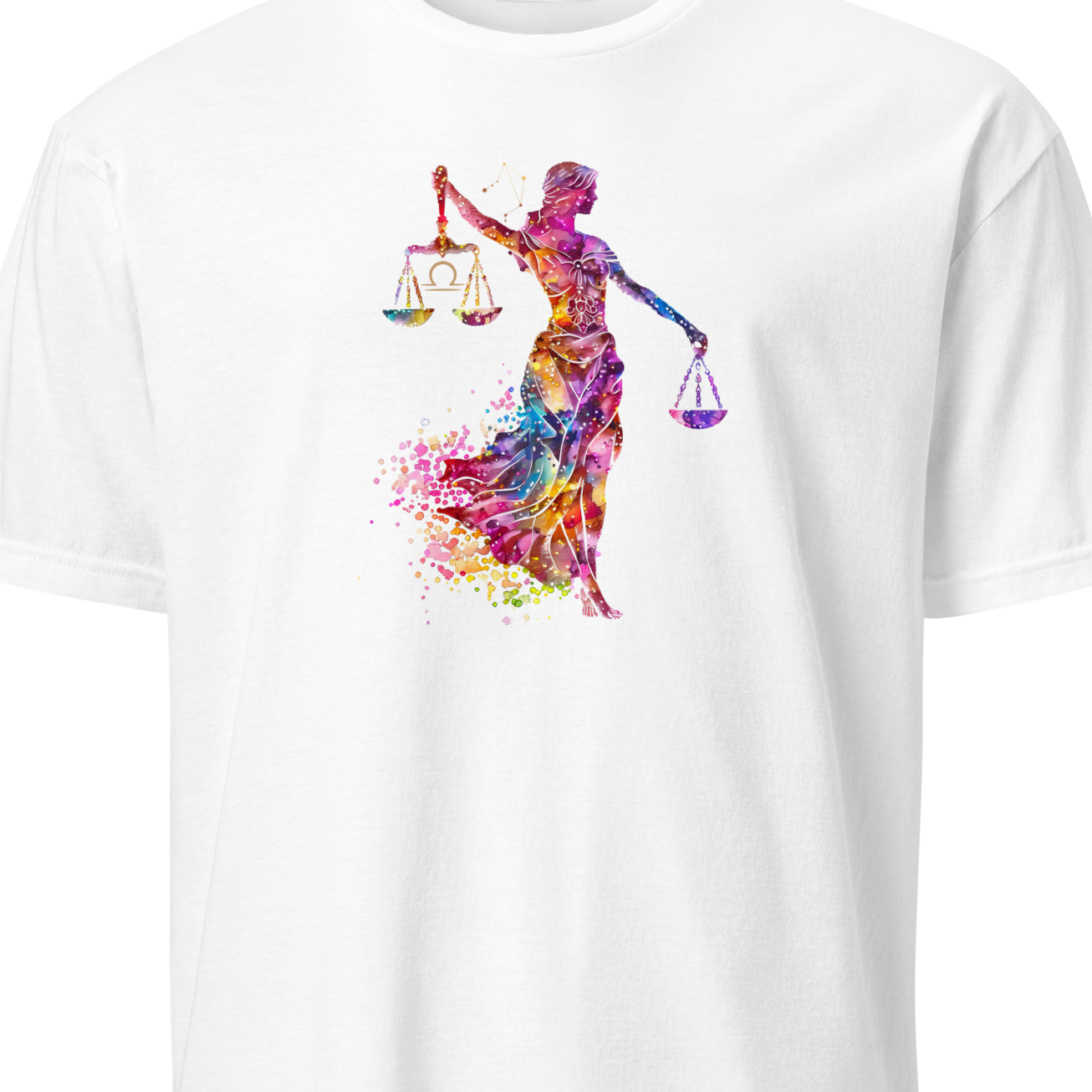 White t-shirt with a colorful graphic of a woman holding scales on a white background