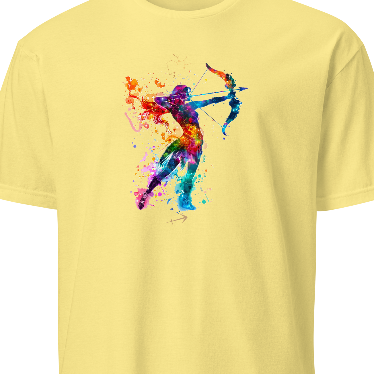 Yellow t-shirt with a colorful archer design on a white background