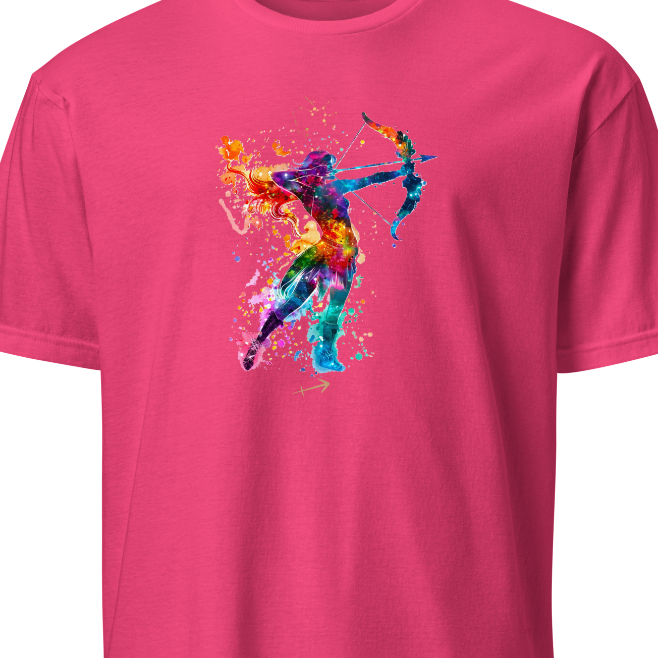 Pink t-shirt with a colorful archer design on a white background