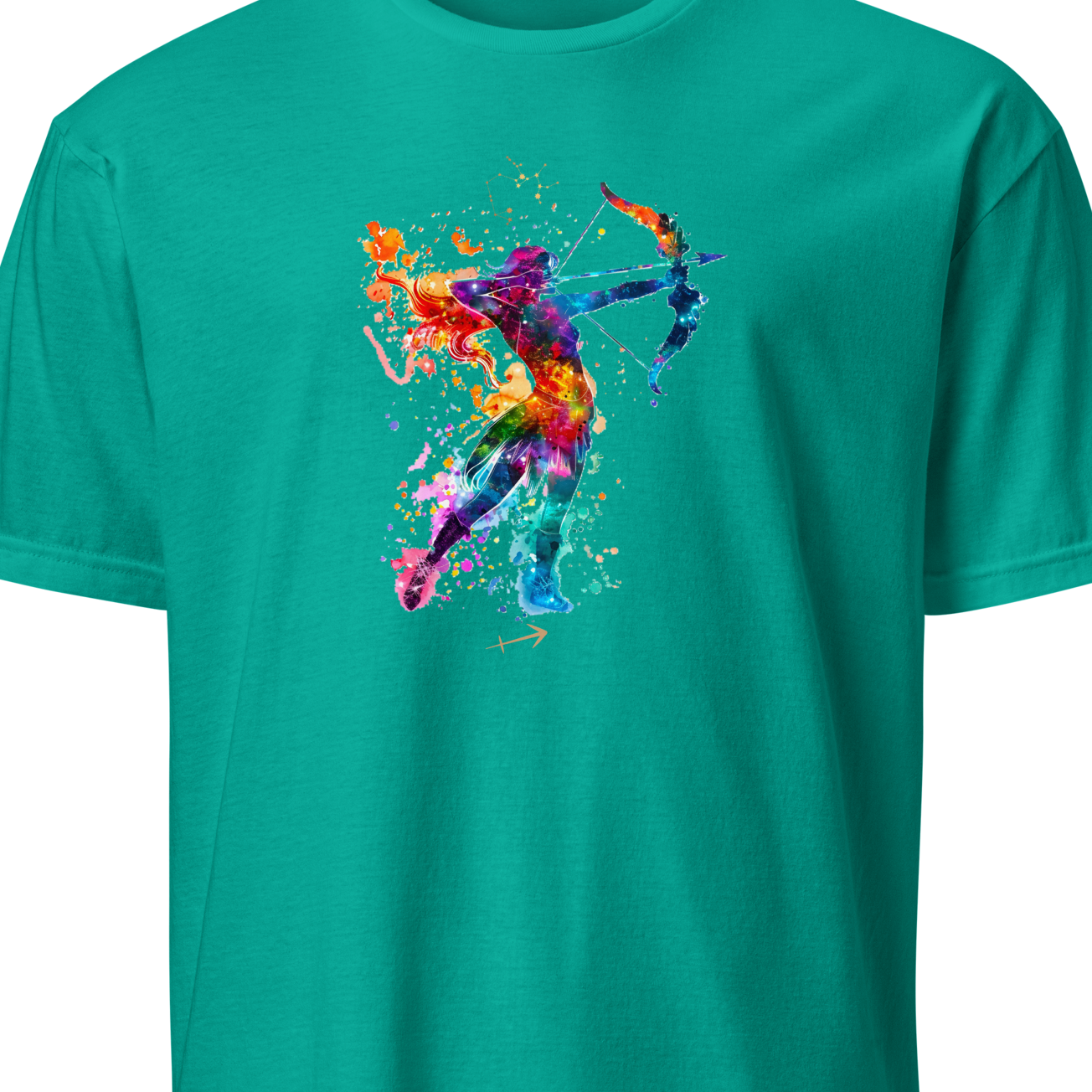 Teal t-shirt with a colorful archer design on a white background