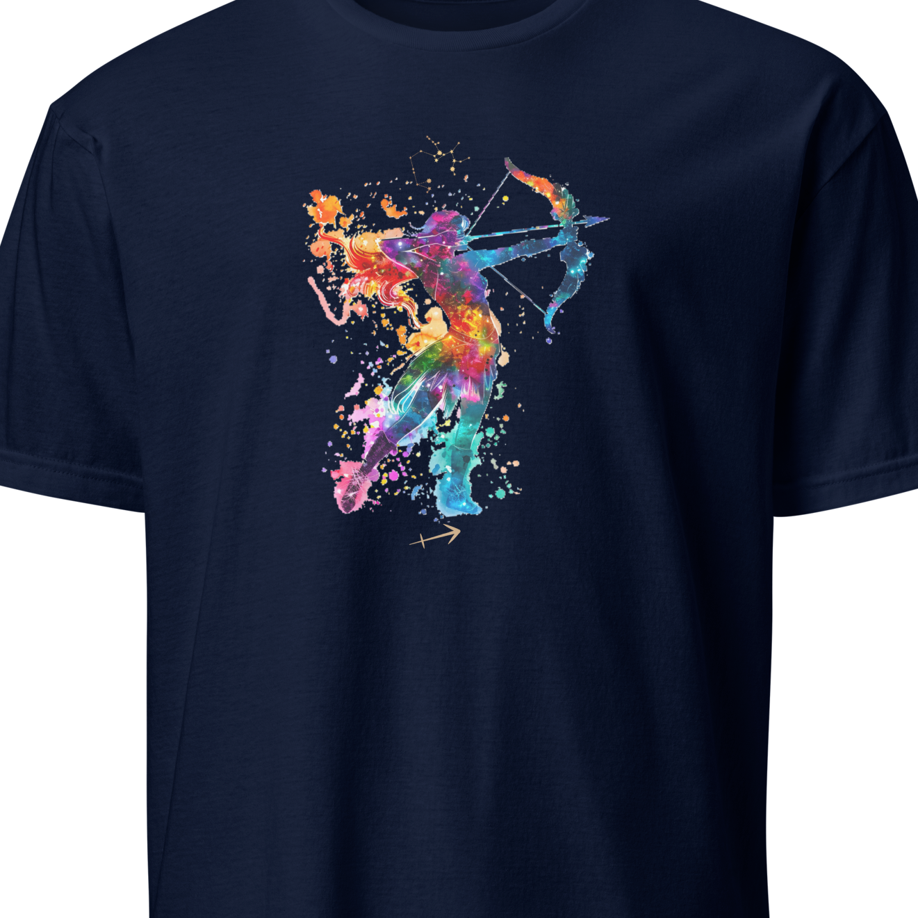 Navy blue t-shirt with a colorful archer design on a white background