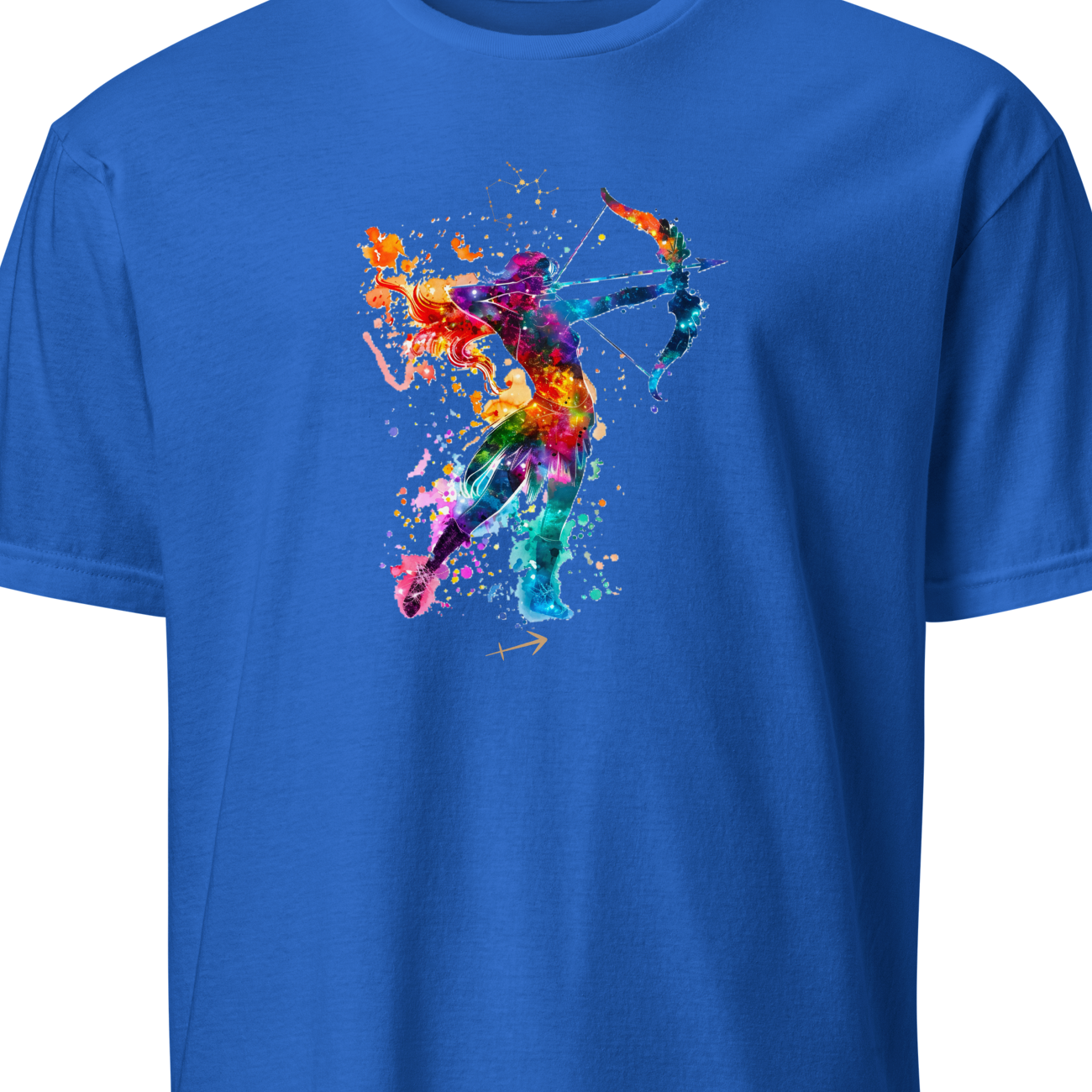 Blue t-shirt with a colorful archer design on a white background