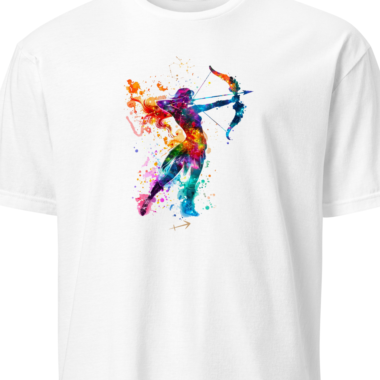 White t-shirt with a colorful archer design on a white background
