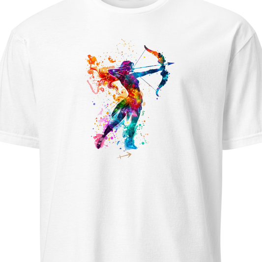 White t-shirt with a colorful archer design on a white background