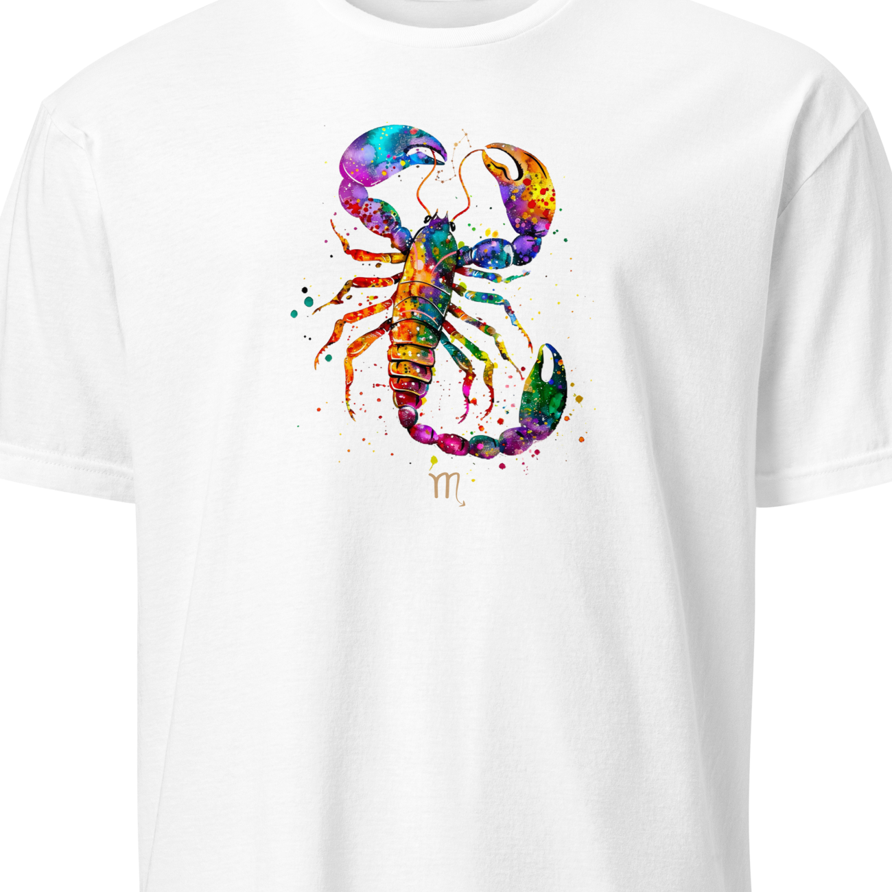 White t-shirt with a colorful scorpion design on a white background