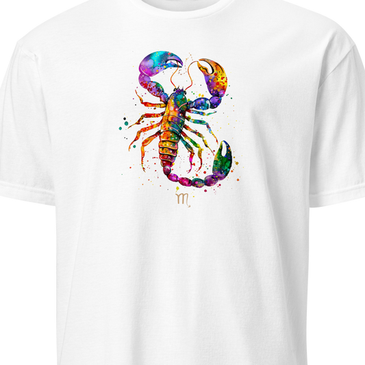 White t-shirt with a colorful scorpion design on a white background