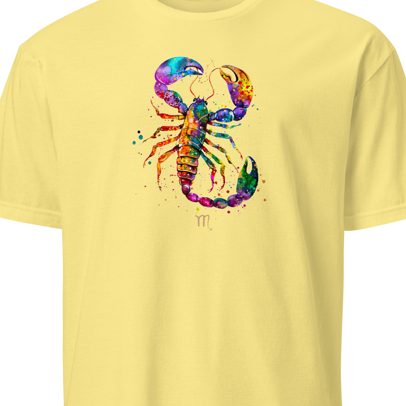 Yellow t-shirt with a colorful scorpion design on a white background