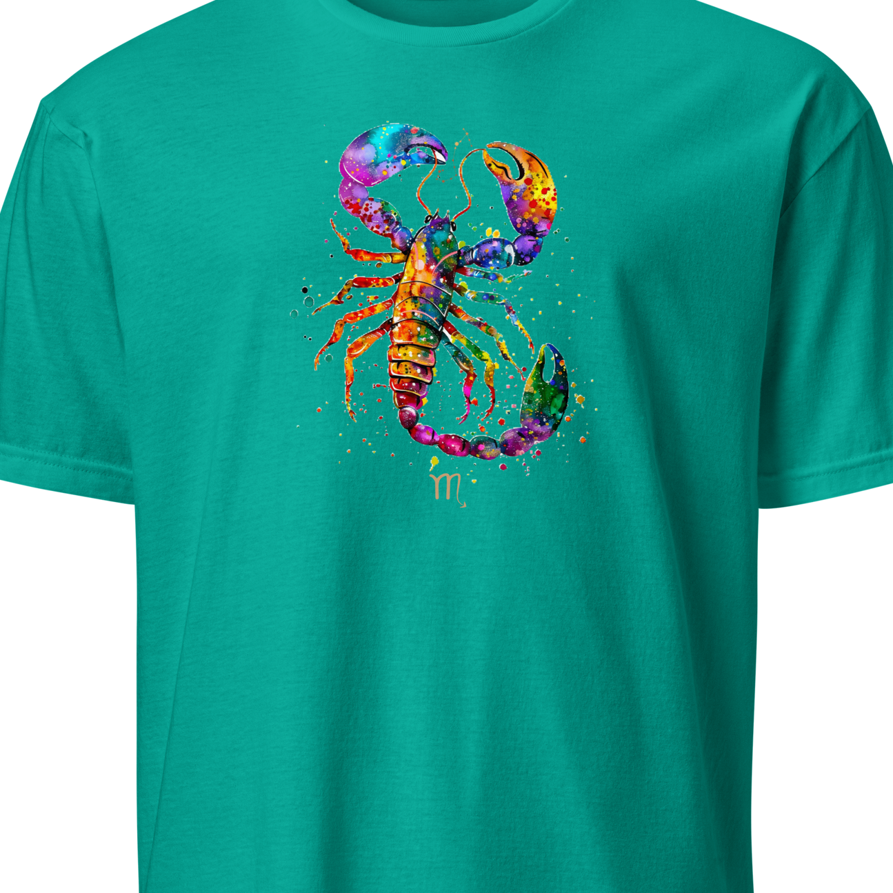 Teal t-shirt with a colorful scorpion design on a white background