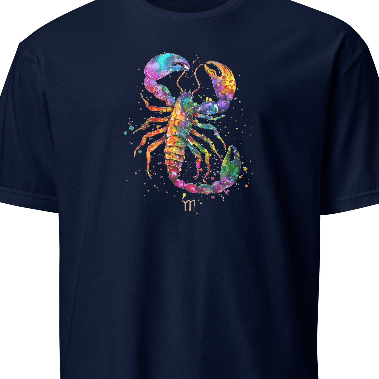 Navy blue t-shirt with a colorful scorpion design on a white background