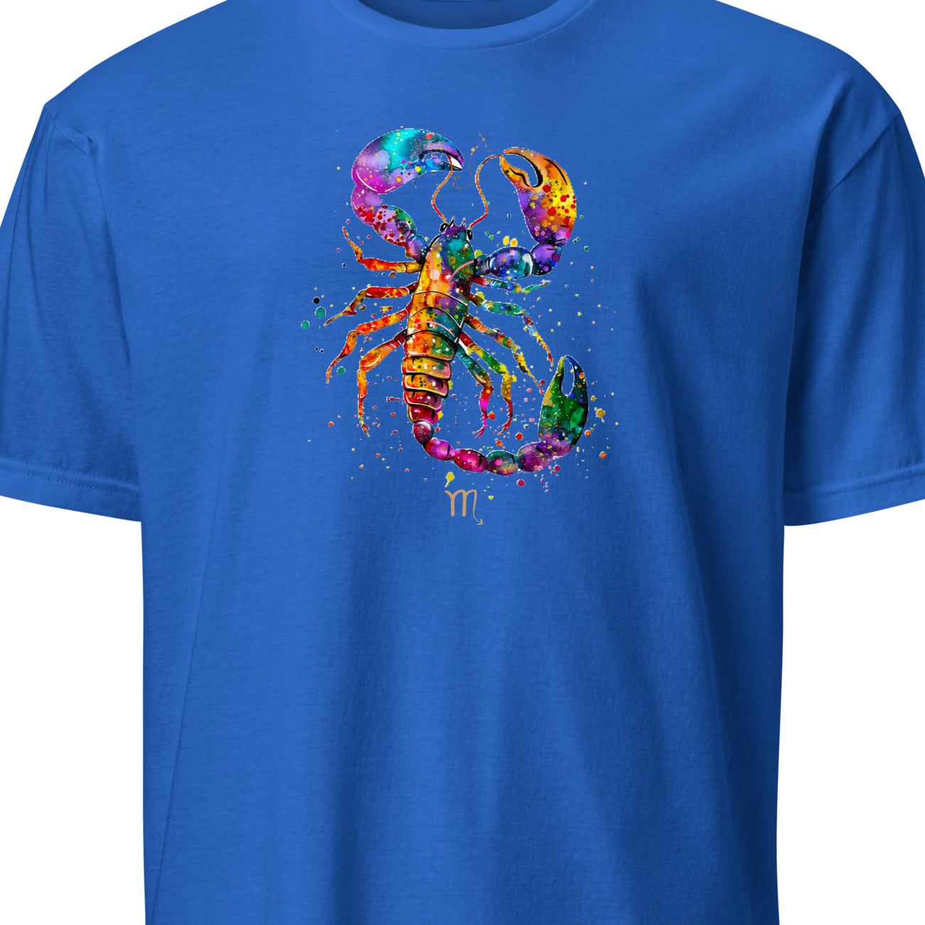 Blue t-shirt with a colorful scorpion design on a white background