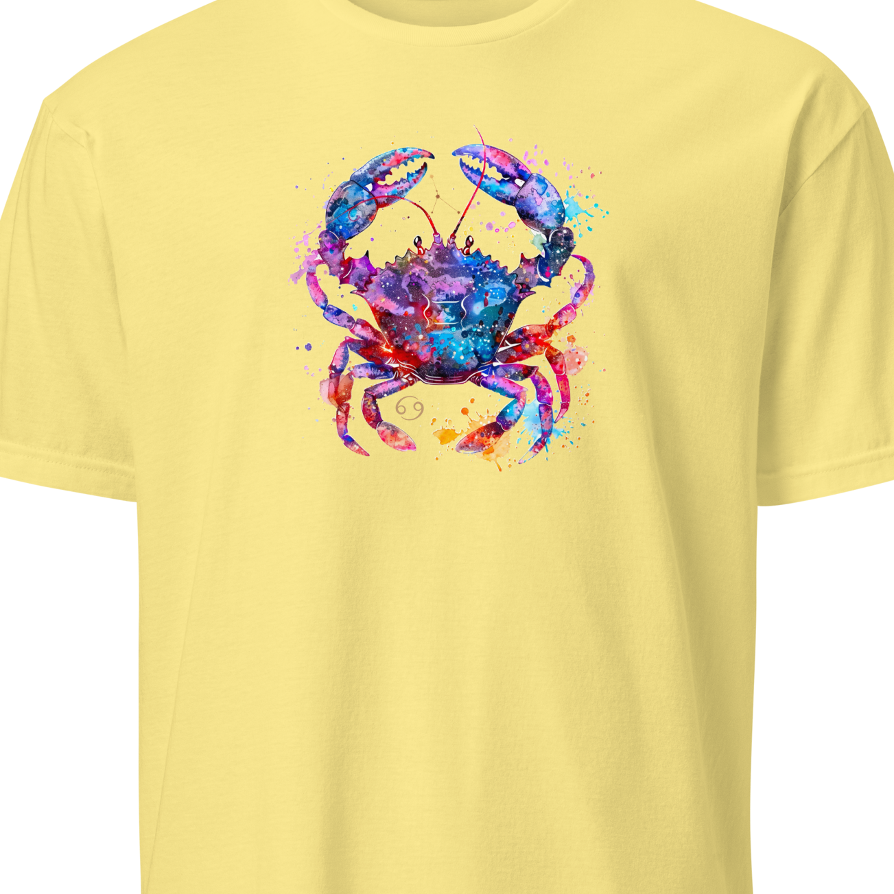 Yellow t-shirt with a colorful crab design on a white background