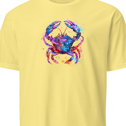 Yellow t-shirt with a colorful crab design on a white background