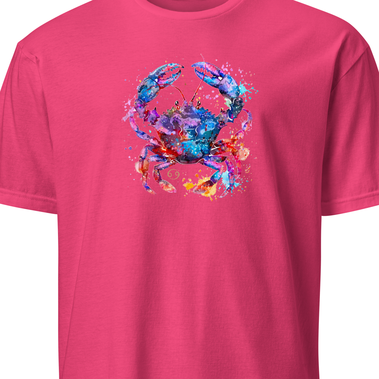 Pink t-shirt with a colorful scorpion design on a white background