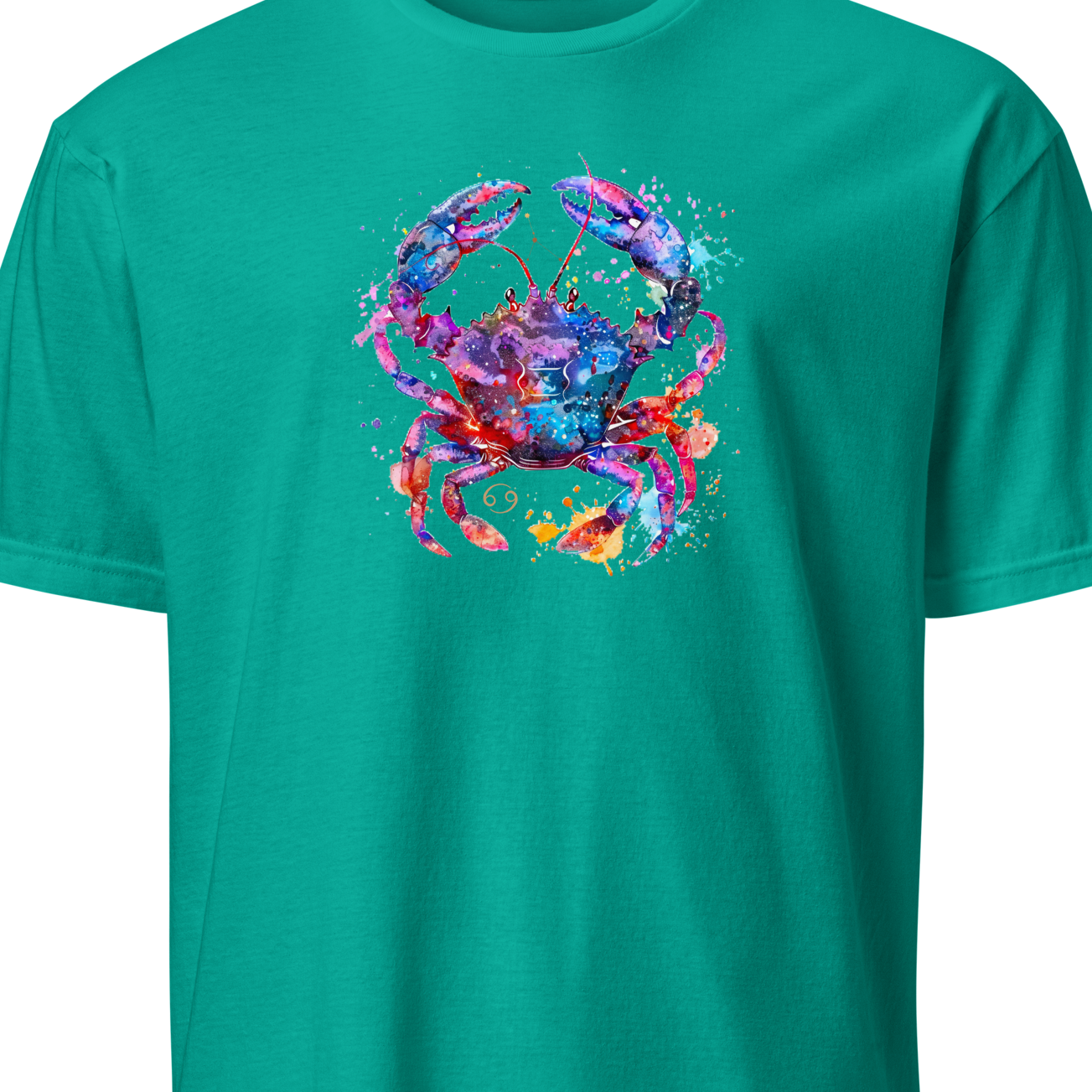Teal t-shirt with a colorful crab design on a white background