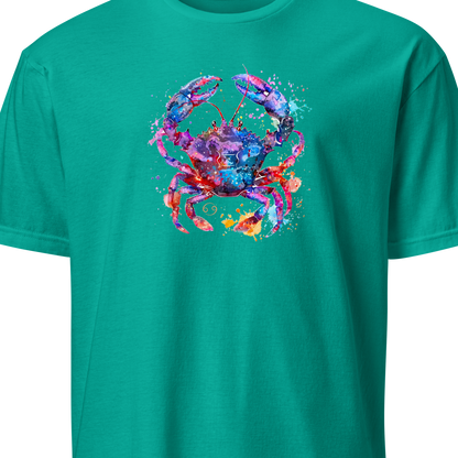 Teal t-shirt with a colorful crab design on a white background