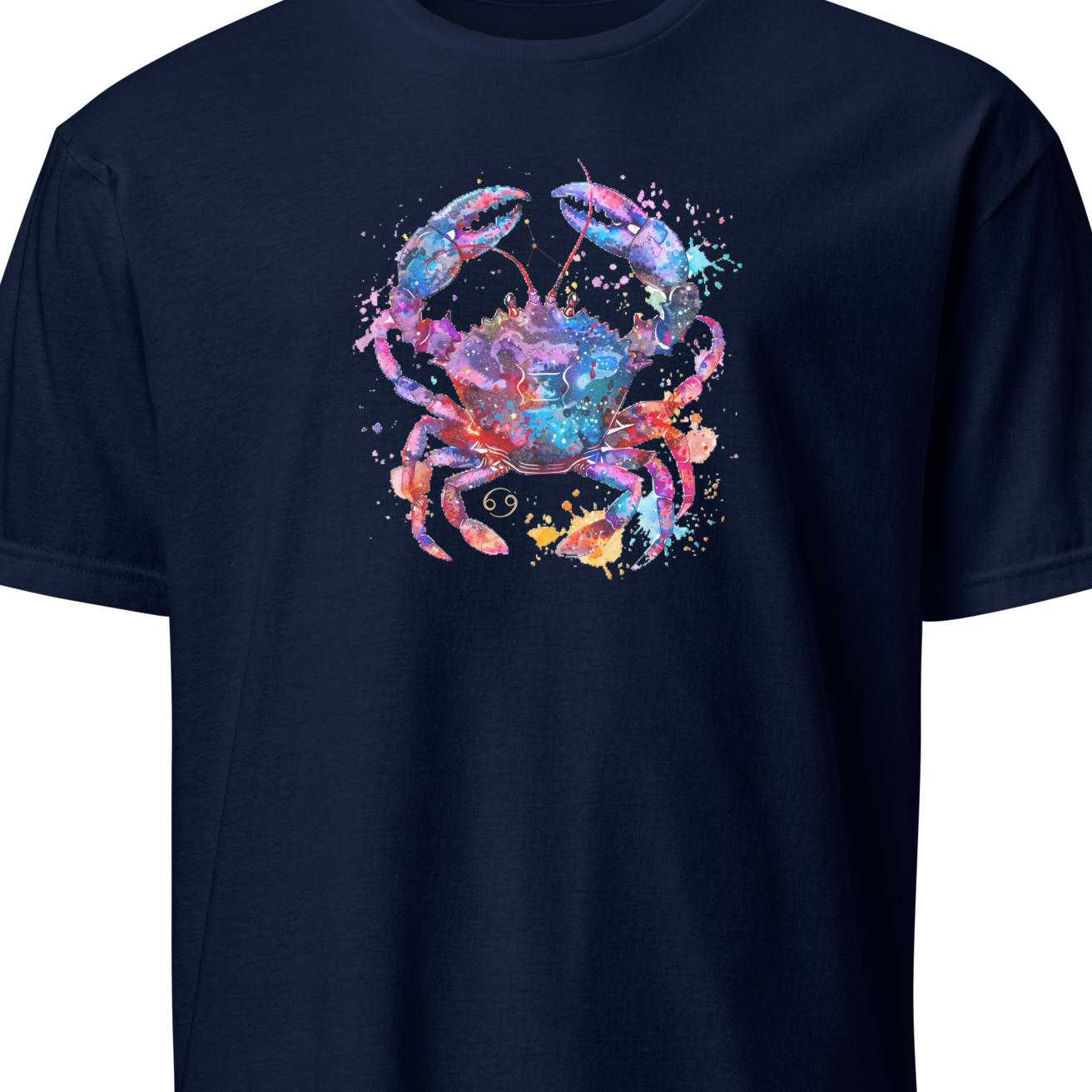 Navy blue t-shirt with a colorful crab graphic on a white background