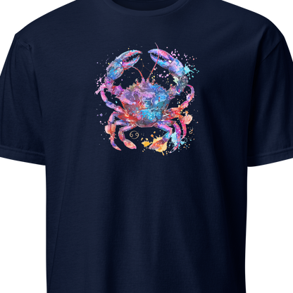 Navy blue t-shirt with a colorful crab graphic on a white background