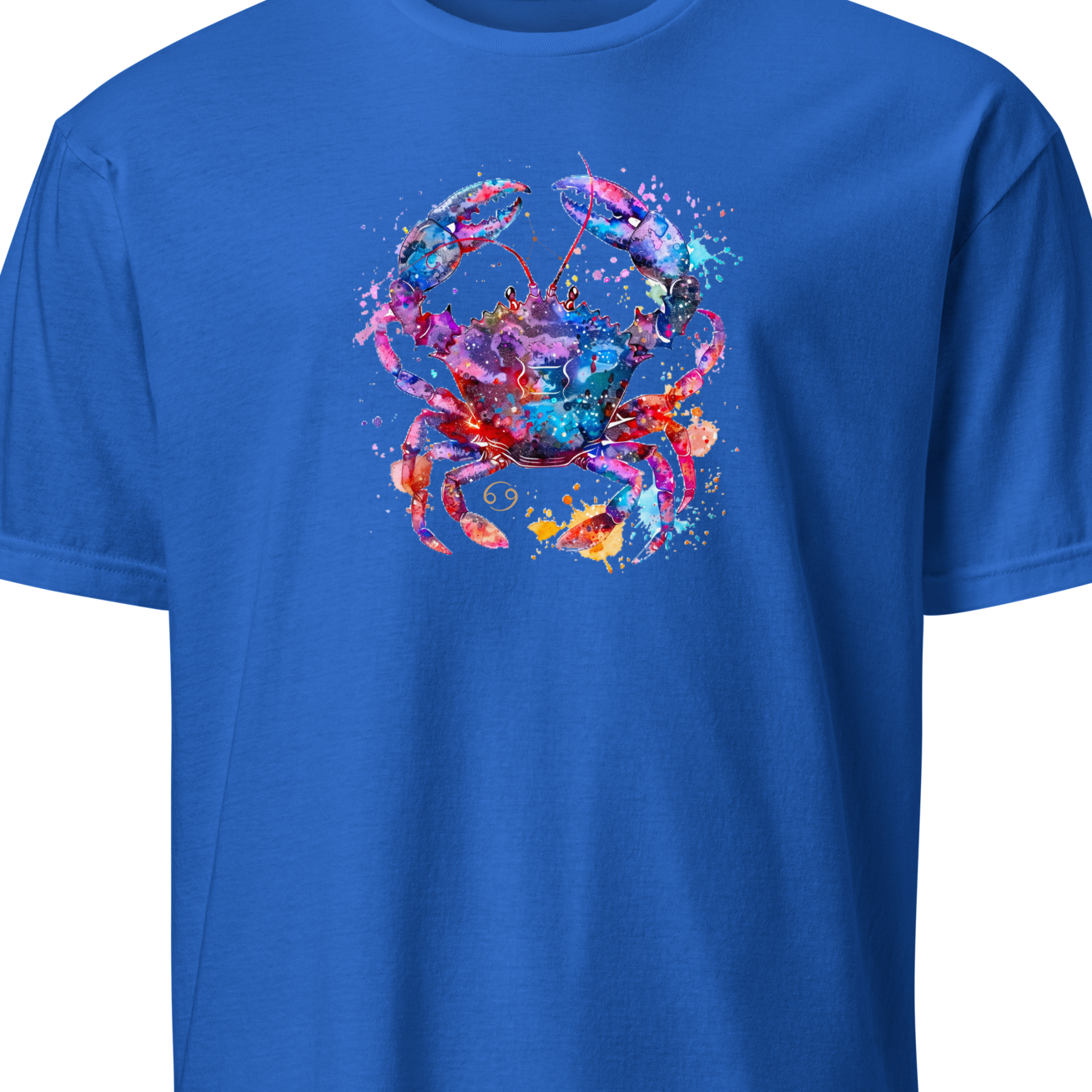 Blue t-shirt with a colorful graphic design on a white background